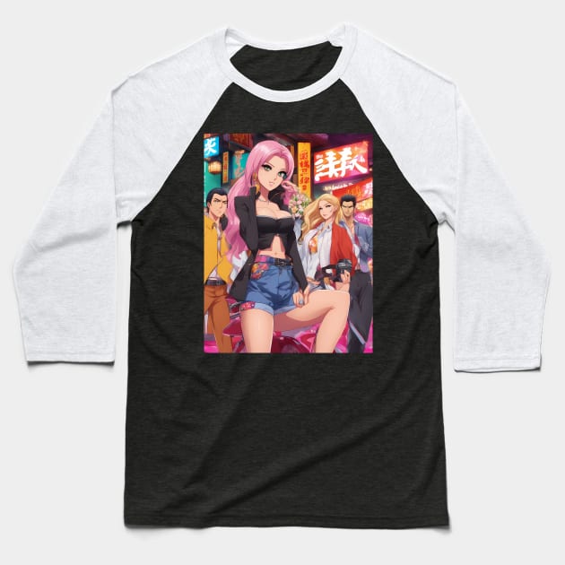 Hip Hop Anime Girl Squad: Cute and Colorful Baseball T-Shirt by animegirlnft